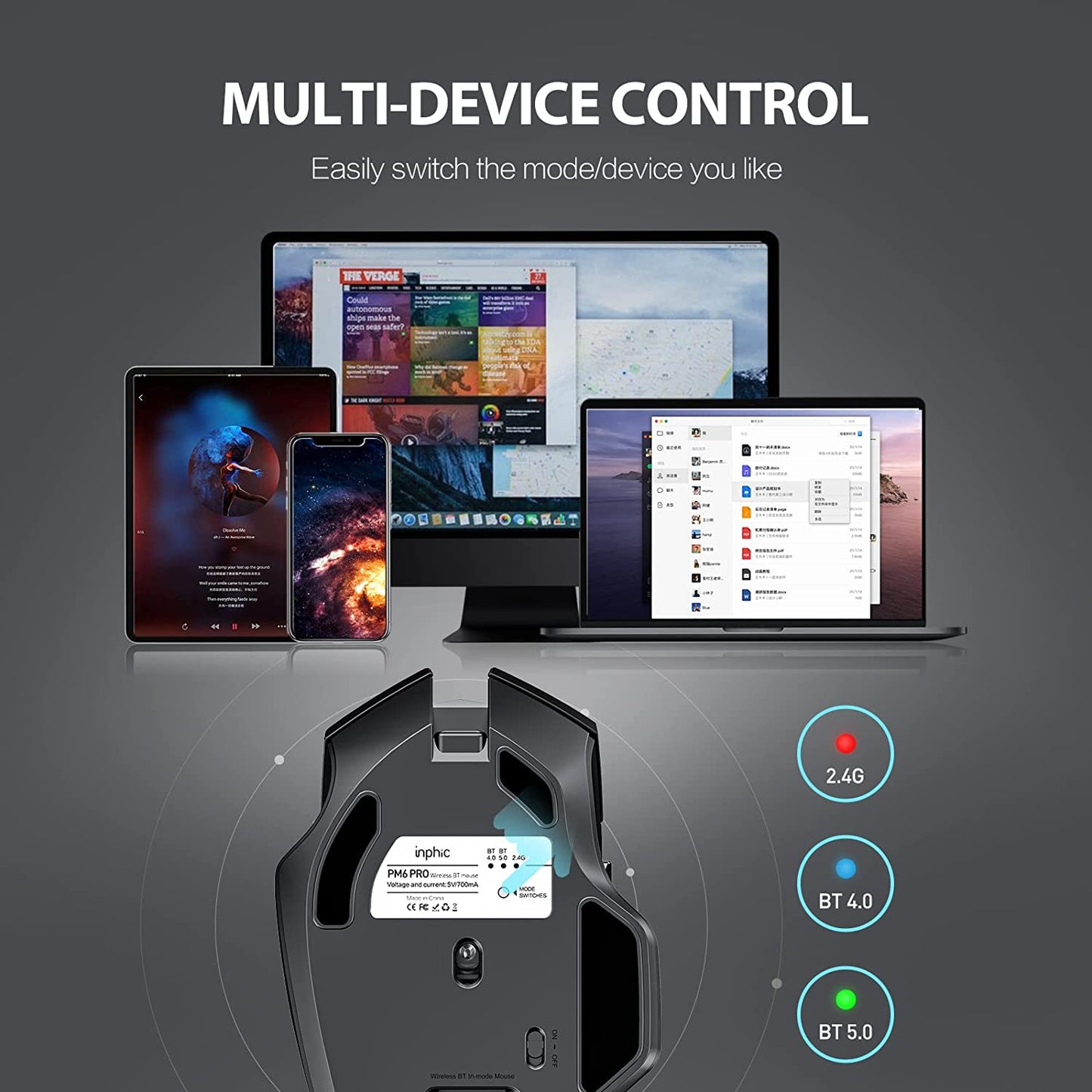 Bluetooth Mouse, Multi-Device Silent Rechargeable Bluetooth Wireless Mouse (Tri-Mode: BT 5.0/4.0+2.4G), 1600DPI Ergonomic Portable Mouse for Laptop PC Computer,Smartphone,Windows Mac OS, Black