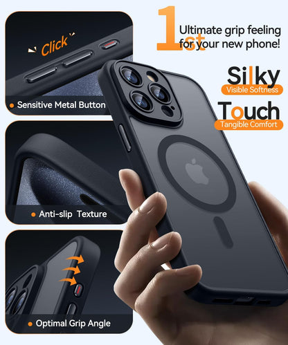 Magnetic Case for Iphone 15 Pro Max with Full Camera Protection [Compatible with Magsafe] [Translucent Matte] Protective Phone Case, Matte Black