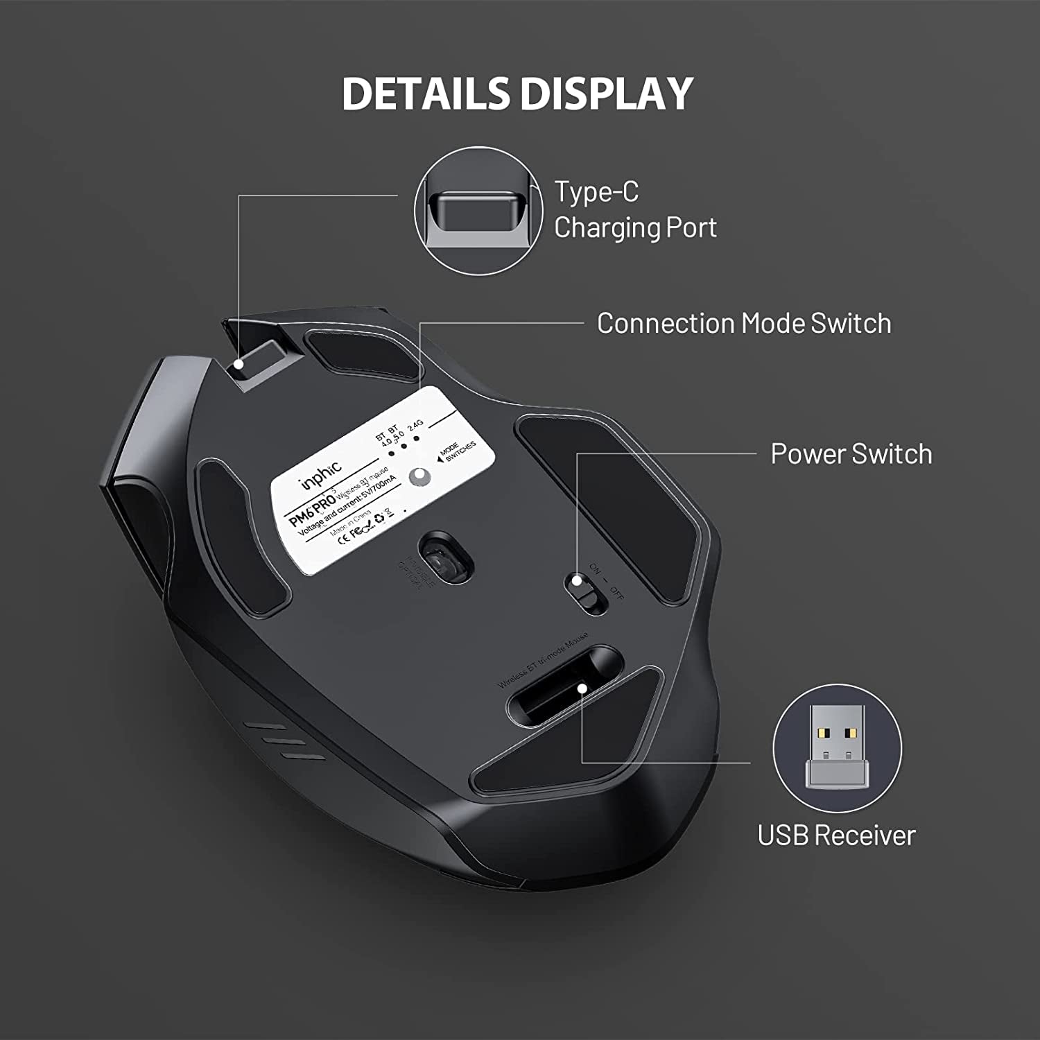 Bluetooth Mouse, Multi-Device Silent Rechargeable Bluetooth Wireless Mouse (Tri-Mode: BT 5.0/4.0+2.4G), 1600DPI Ergonomic Portable Mouse for Laptop PC Computer,Smartphone,Windows Mac OS, Black
