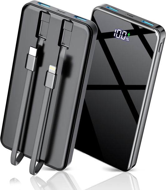 Portable Charger with Built in Cables 25000Mah, Power Bank Fast Charging 5 Output 2 Input with LED Display Slim External Battery Pack Compatible with Cellphones Tablets and More