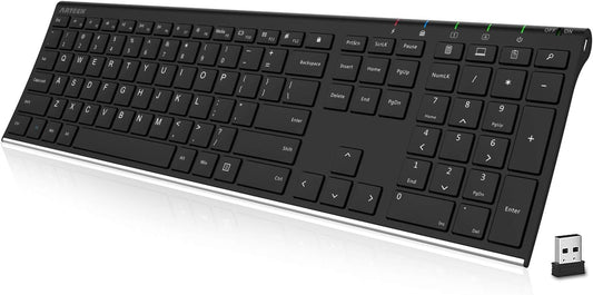 2.4G Wireless Keyboard Stainless Steel Ultra Slim Full Size Keyboard with Numeric Keypad for Computer/Desktop/Pc/Laptop/Surface/Smart TV and Windows 10/8/ 7 Built in Rechargeable Battery