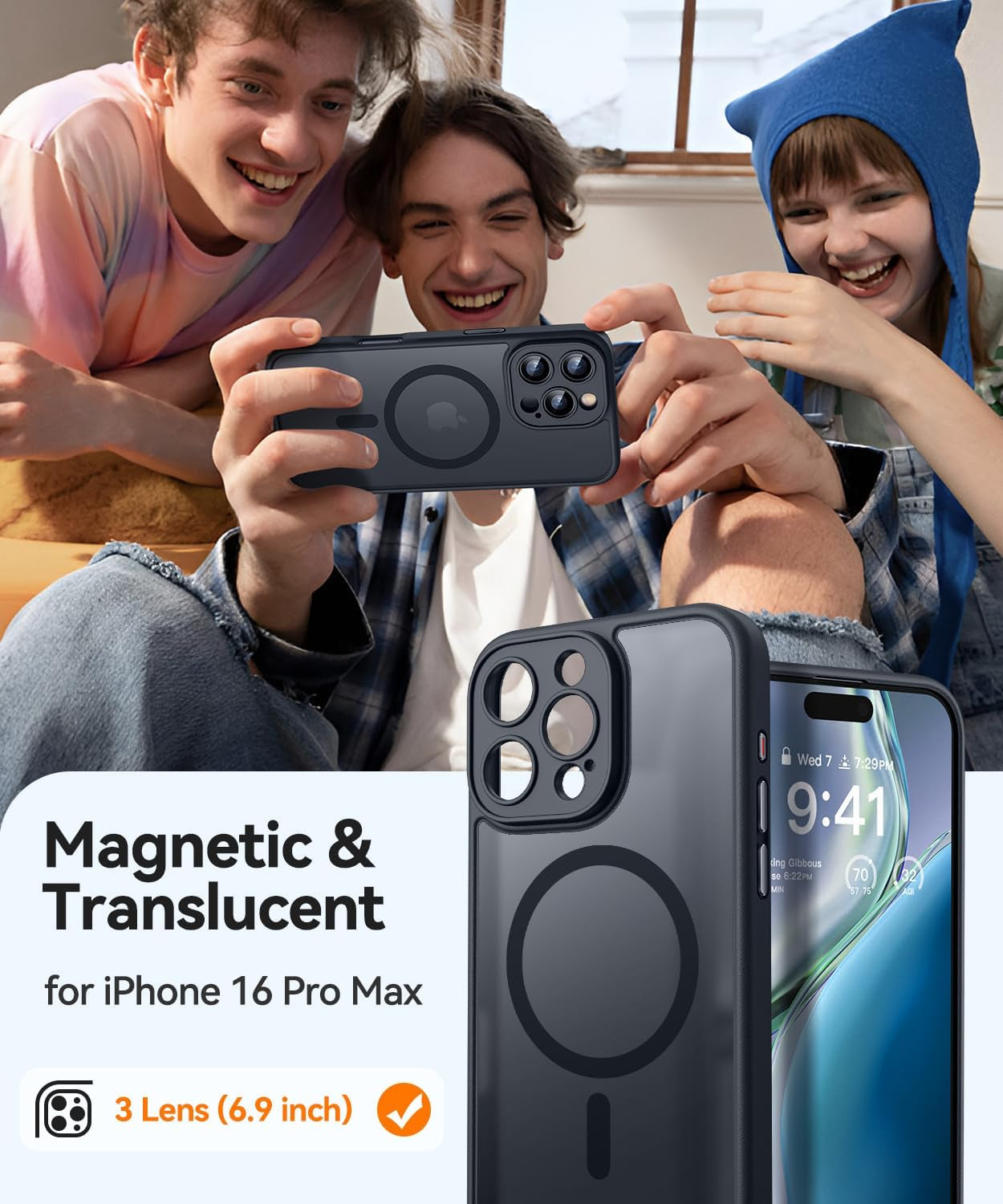 Magnetic Case for Iphone 16 Pro Max with Full Camera Protection [Compatible with Magsafe] [Translucent Matte] Protective Phone Case, Matte Black
