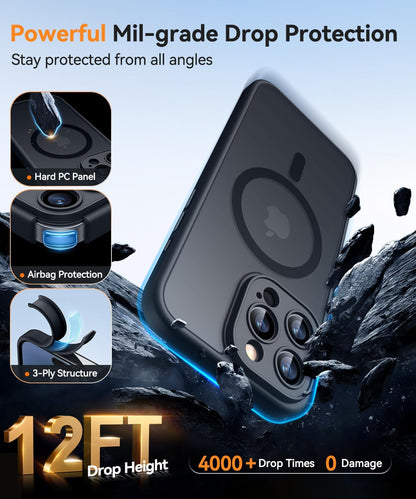 Magnetic Case for Iphone 16 Pro Max with Full Camera Protection [Compatible with Magsafe] [Translucent Matte] Protective Phone Case, Matte Black